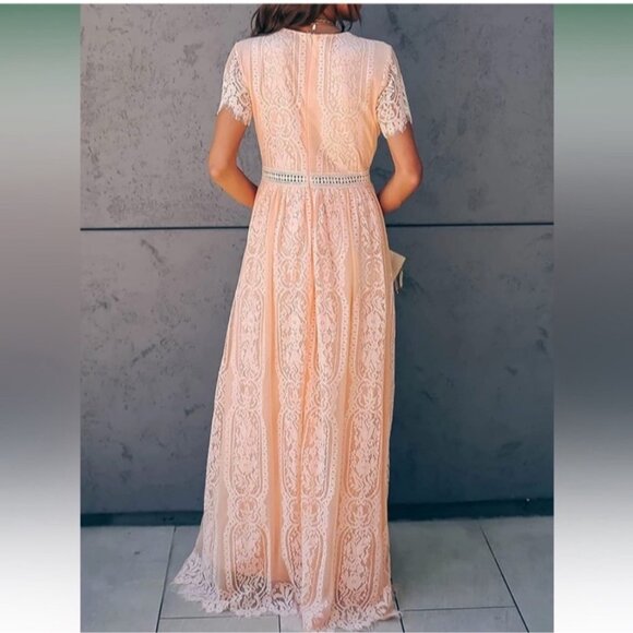 Peach Bohemian Boho Lace V-Neck Maxi Dress Photo Shoot Size Small‎ - Picture 9 of 13